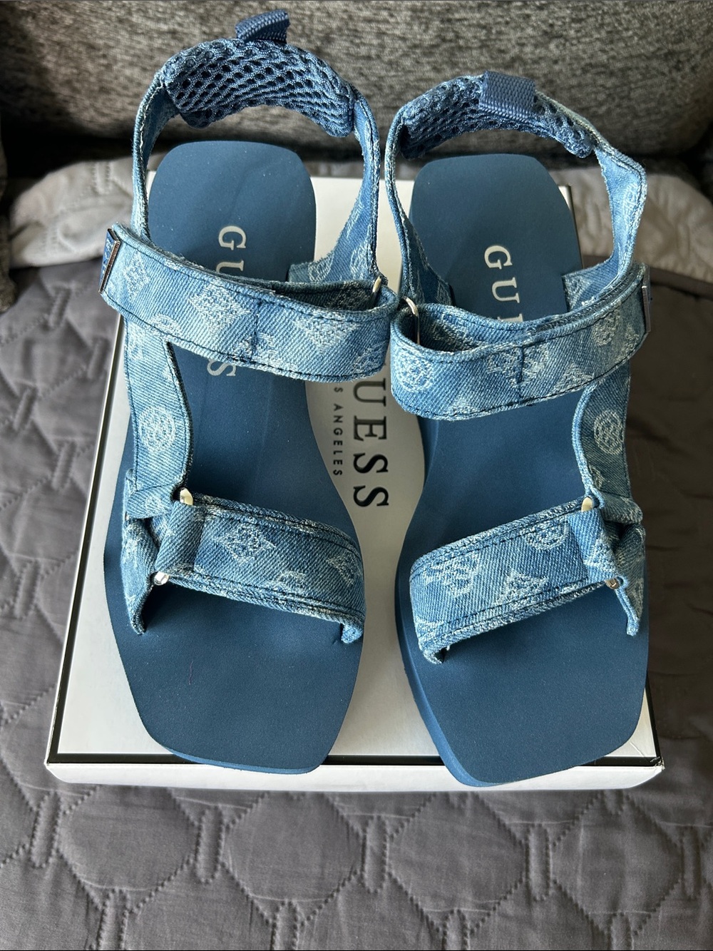 GUESS Denim Logo Platform Sport Sandals in Blue